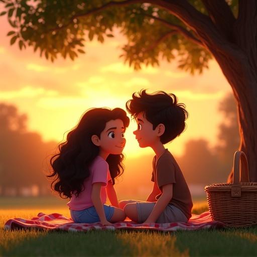 Two animated children sit side by side on a picnic blanket. Young girl with long curly black hair wears a pink shirt and blue shorts. Boy with messy black hair wears a brown shirt and gray shorts. They smile at each other under an oak tree at sunset. Warm golden hues fill the background. A picnic basket rests nearby.