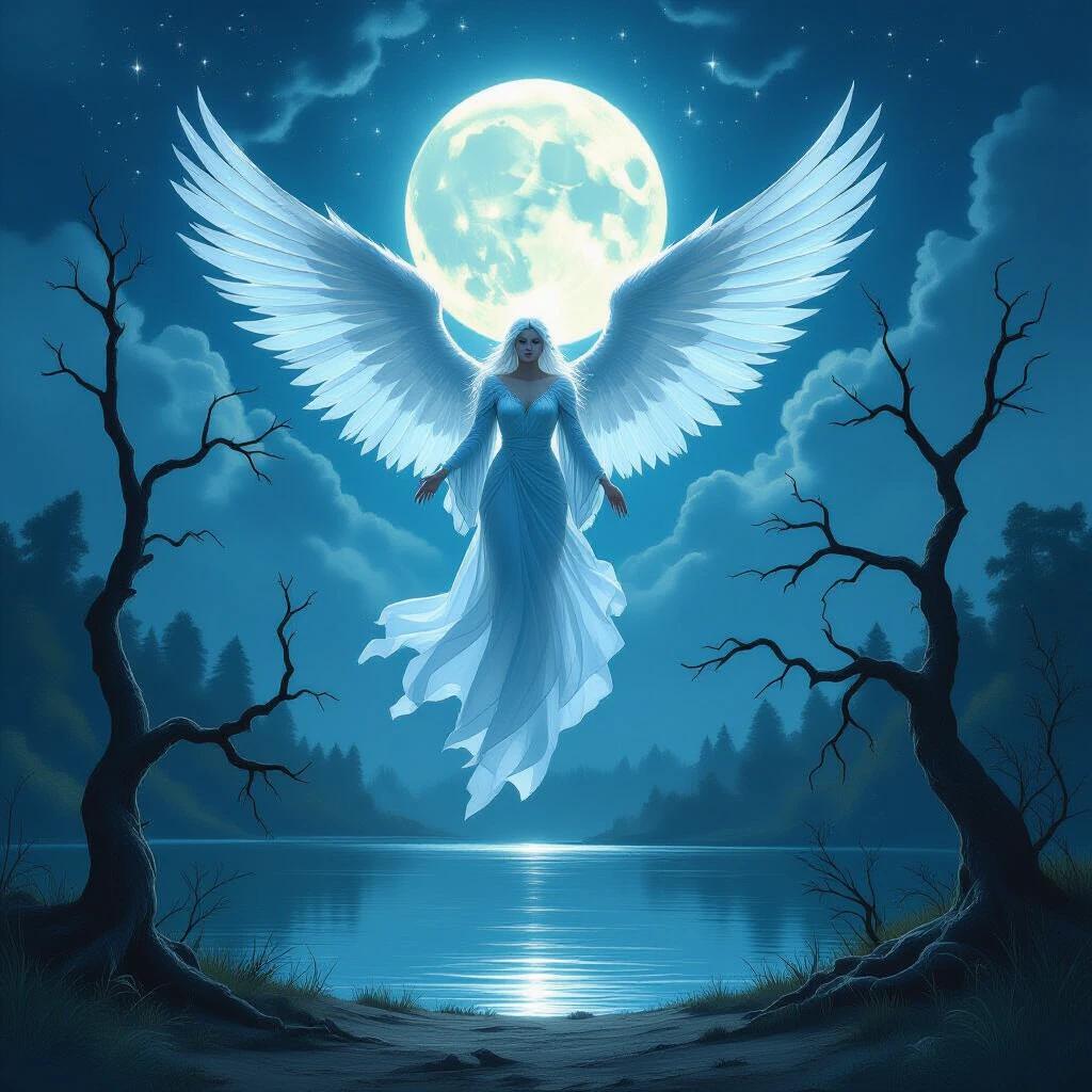 A winged being with crystalline feathers hovers over a moonlit lake. Nearby trees appear withered. The expression is calm and holy. The ground displays warping effects. Oil-brushed strokes create a surreal atmosphere. The scene captures a celestial and ethereal quality.