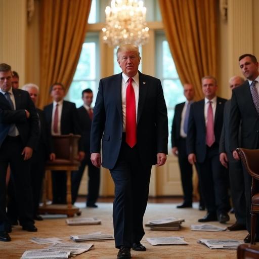 Former US President Donald Trump wears a suit and red tie. He paces in the ornate living room of Mar-a-Lago. Surrounded by political advisors and legal team. He voices criticism of Ukraine and feud with Elon Musk. Newspapers and digital screens with related headlines are scattered around.