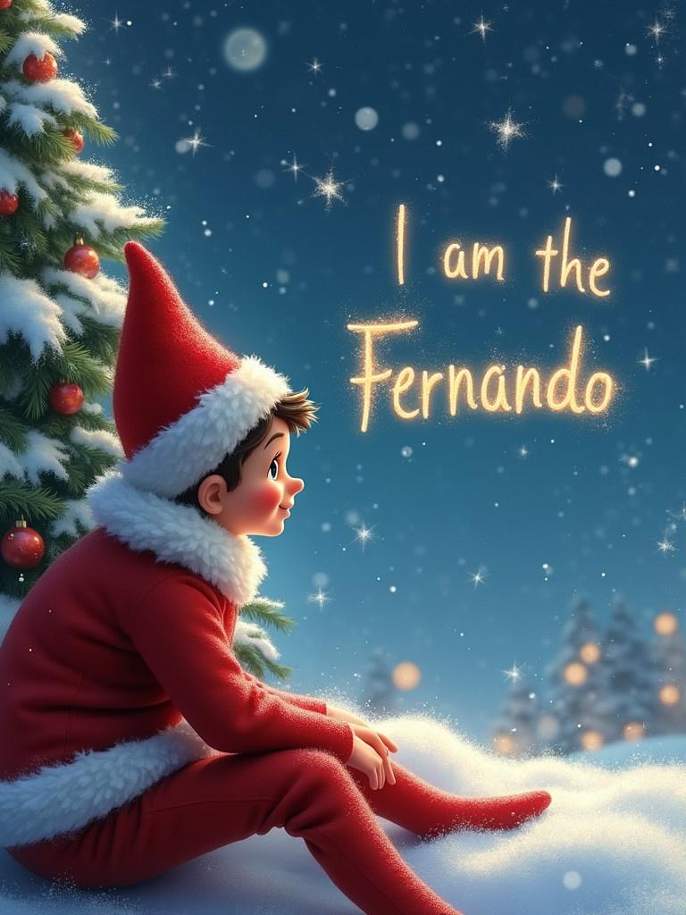 A little boy Elf on the Shelf sits beside a decorated Christmas tree at the North Pole. Sparkles shape the name Fernando in the sky above. His outfit is red with white trim. The atmosphere feels magical and festive.