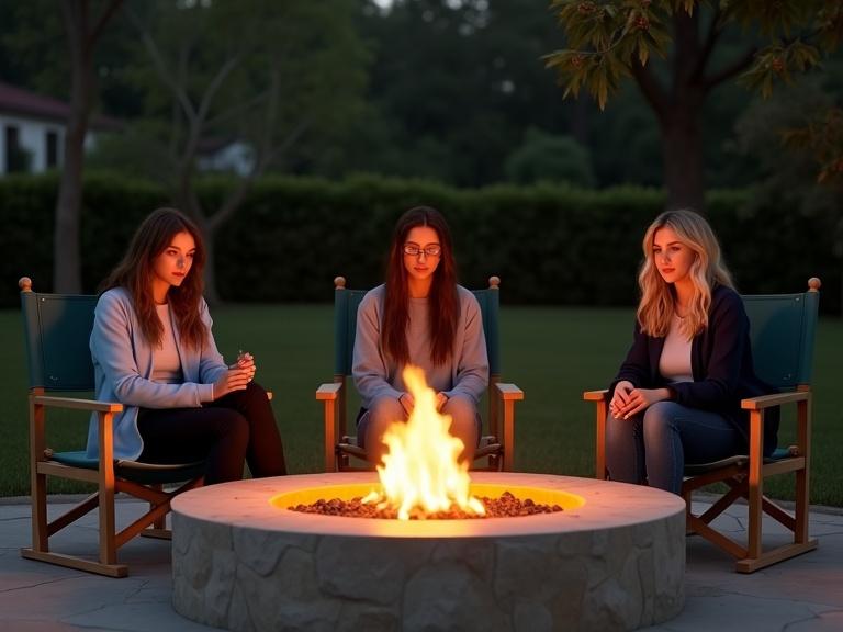 Photograph of three young women enjoying a cozy evening around a fire pit on an outdoor patio. The patio features a large circular stone fire pit with bright flames illuminating the scene. The women are seated in a semi-circle in wooden chairs, wearing casual outfits, against a dark starry night backdrop. Greenery surrounds the patio enhancing the serene atmosphere.
