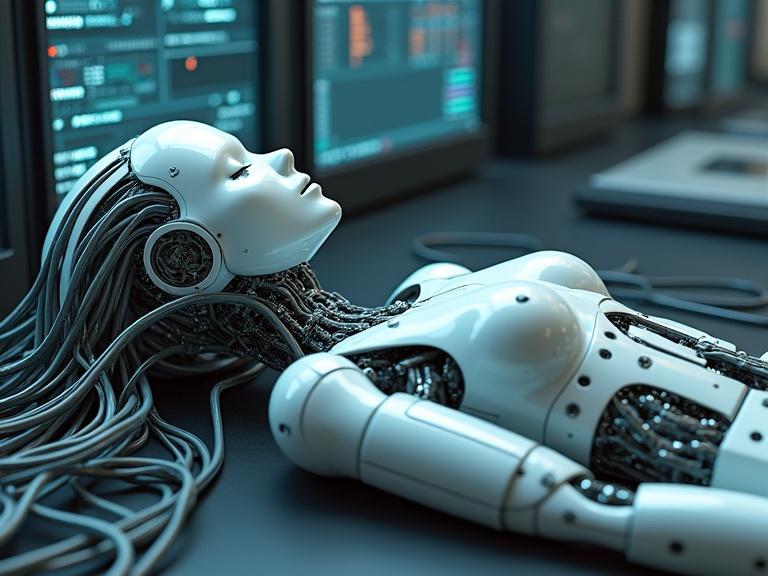 Hyperrealistic digital render of a humanoid robot with feminine features. Robot laying down in a high-tech laboratory. Intricate wires and cables connect to a high-tech console. Photorealistic materials like chrome and synthetic skin. Soft lighting from screens. Focus on detailed wire connections and textures.