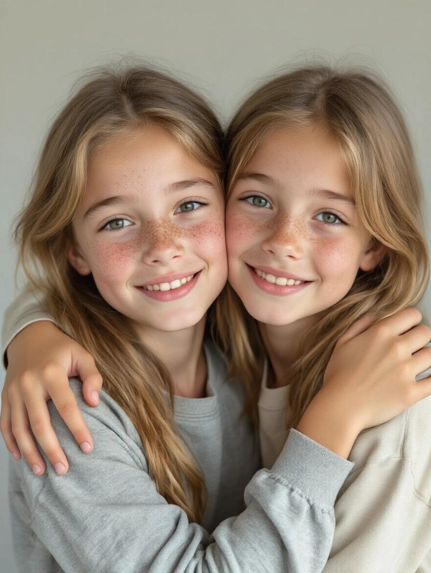 Two girls hugging with friendly smiles. One girl has freckles. Both have light hair and wear casual clothing. The background neutral. Their expressions are warm and friendly.