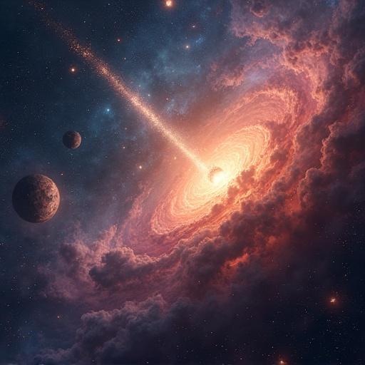 Dramatic depiction of a galaxy with vibrant colors and celestial bodies. A powerful explosion emanates from the galaxy's core surrounded by swirling cosmic clouds. Planets are visible nearby, adding depth to the scene.