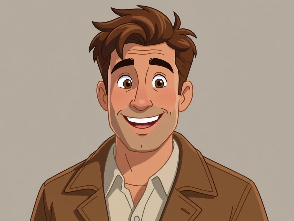 A male character in his early 30s with a sturdy build. He has messy brown hair and a friendly smile. He wears a brown jacket over a light shirt. The scene is set in a cozy cabin with wooden walls and a fireplace. The lighting is warm and inviting. The character looks joyful and goofy, embodying a cheerful personality.