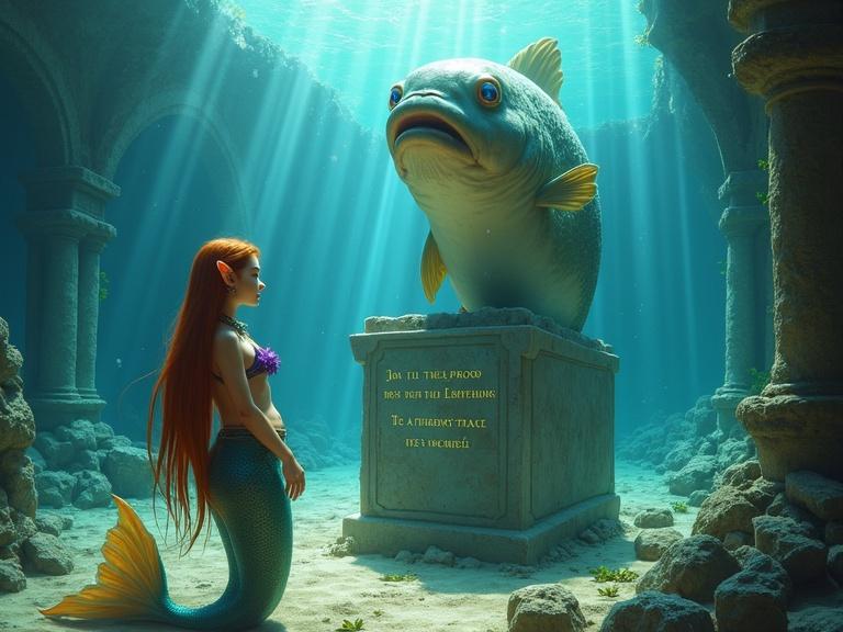 Underwater scene with a half-elf mermaid girl. She floats before a large stone trout statue. Reading ancient inscription on pedestal. Mermaid has fair skin, long reddish-brown hair, and wears purple starfish. Large glowing gemstone around her neck. Iridescent tail with smooth shimmery scales. Expression is amused and confused. The trout statue is oversized with googly eyes and frown. Surrounded by crumbling underwater ruins with ancient columns and sand. Sunlight beams create a magical atmosphere. Color palette is rich with blues and aquamarines.