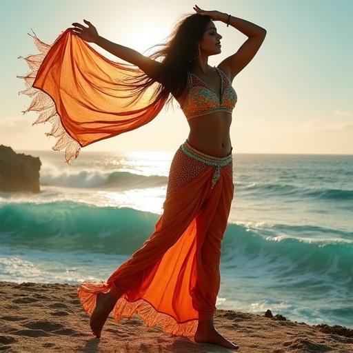 Coastal cliff with turquoise waves. Confident Indian female model in sleek swimsuit. Performing TikTok dance with Bharatanatyam gestures. Dupatta scarf flowing. Golden hour sunlight casting warm tones. Dynamic camera pans. Slow-motion hair flips. Ultra-realistic 4K resolution.