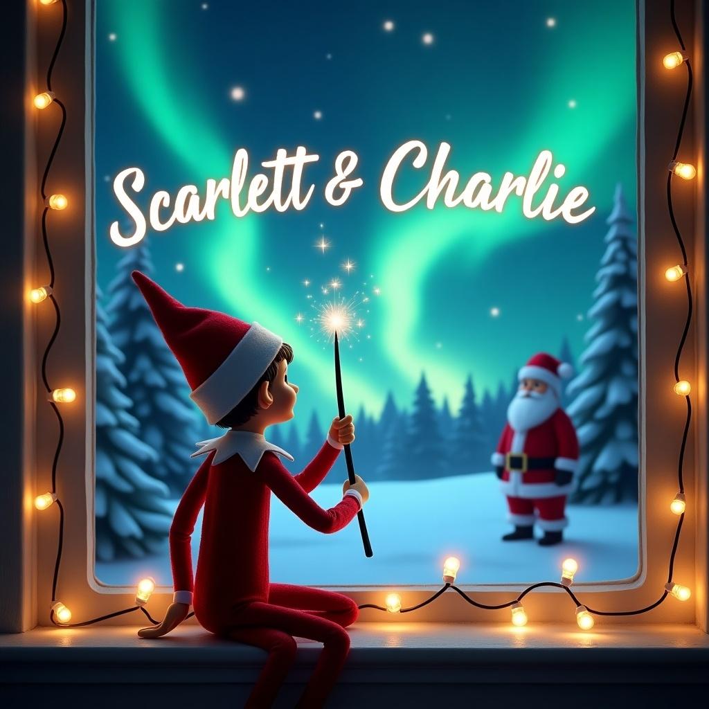 Elf on a shelf holds a wand. He is writing Scarlett and Charlie in the sky. Magical night sky has northern lights. Santa Claus is seen among trees. Twinkling lights adorn the window. Charming and enchanting holiday theme image.