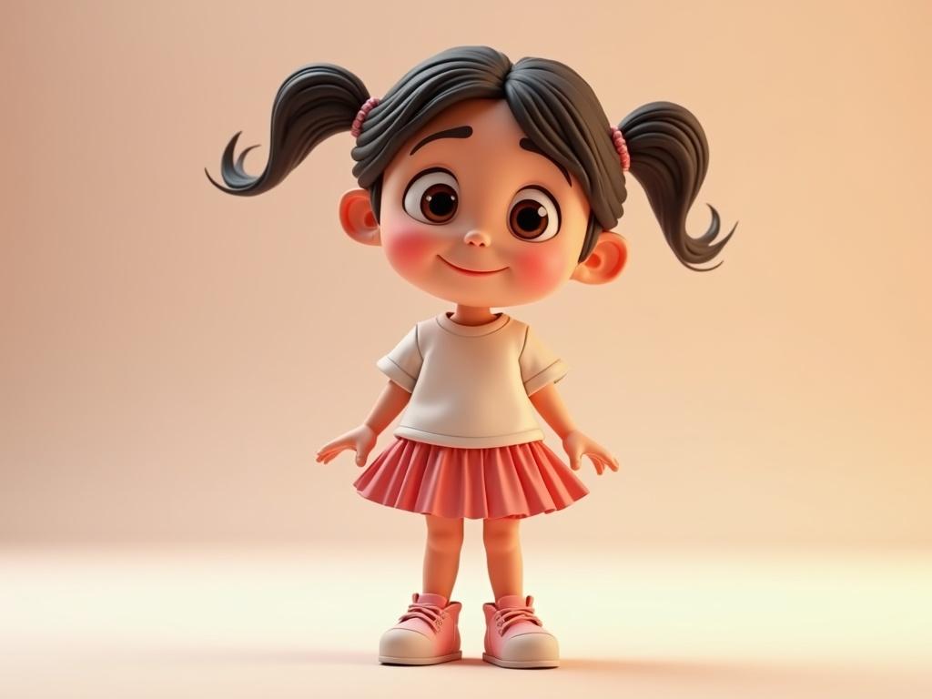Kid girl wearing a pleated mini skirt in 3D Pixar style. The girl has pigtails, a cheerful expression, and wears a casual shirt with sneakers. Bright and colorful character design.