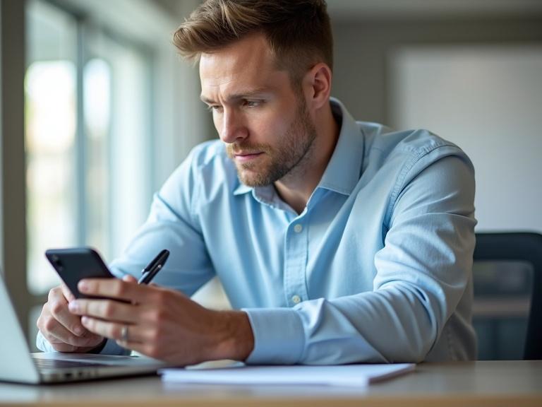 Photo of a man at a desk. Holding smartphone in left hand. Pen in right hand. Typing on laptop. Wearing light blue button-up shirt. Sleeves rolled up. Blurry background. Indoor setting. Natural light. Shallow depth of field. Modern office. Professional attire. Focused expression.