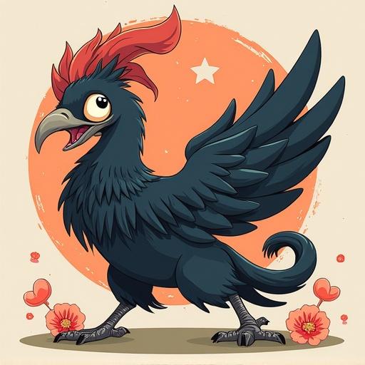 A cartoon black bird with a red crest stands proudly. The bird has big eyes and wings spread. A bright orange circle is behind it. Surrounding flowers add charm to the design. The style is playful and colorful.