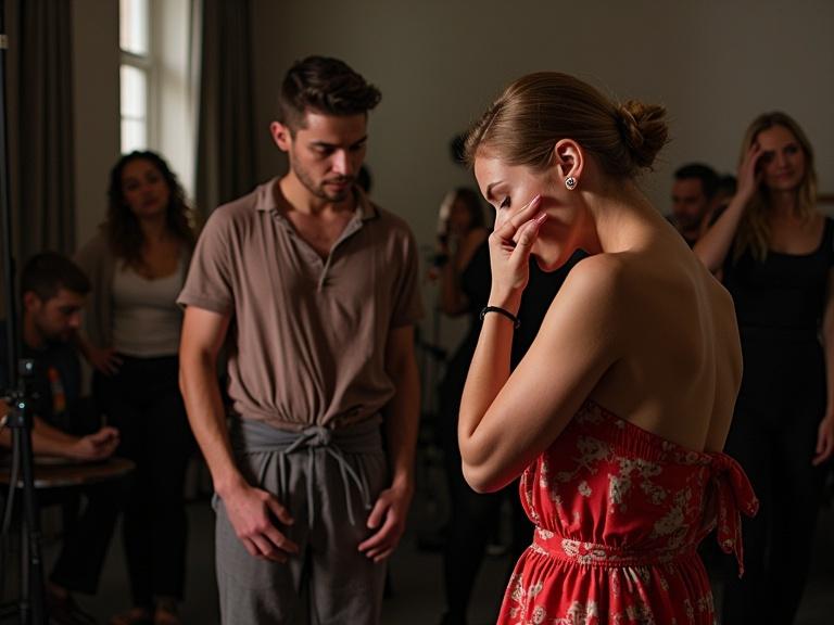 Performers prepare backstage before a show. One woman in a red dress has her head down in thought.