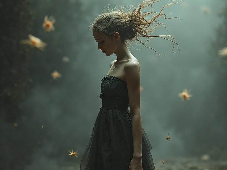 A woman stands in a foggy forest. She wears a dark short dress. Her hair flows wildly in the air. Delicate particles float around her. The atmosphere is magical and ethereal.