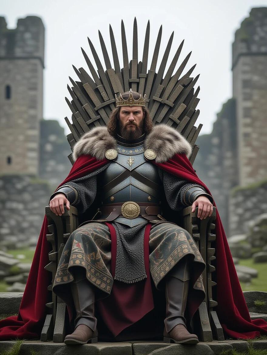 A man with medium long hair sits on a king's throne in front of castle ruins. The image is highly realistic and visually striking. Regal attire features intricate patterns and a fur cloak.