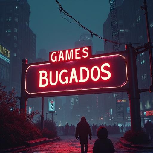 Create a realistic urban scene featuring a neon sign that says 'GAMES BUGADOS'. The setting should evoke a gaming atmosphere with visibility of surrounding buildings and characters.