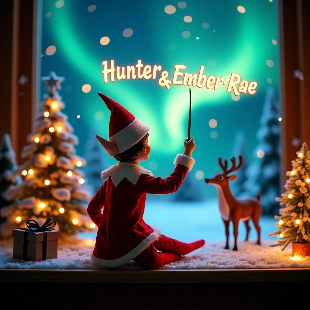 Enchanting Christmas scene with an elf on the shelf. The elf is seated with his back to the viewer in traditional red and white attire. He holds a magic wand writing 'Hunter & Ember-Rae' in glowing letters. The backdrop shows vibrant northern lights. A decorated Christmas tree and a reindeer add to the festive atmosphere. Whimsical and captures the Christmas spirit.