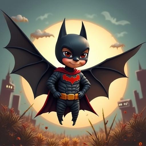 A birthday card design featuring a young boy dressed as Batman. The boy is smiling and standing confidently with a playful attitude. Background includes a city skyline and a large moon.