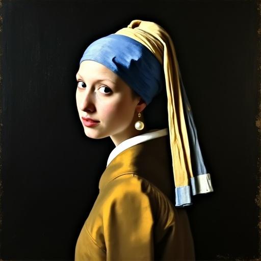 Transform Vermeer’s famous painting into a funny ridiculous image for entertainment. Add humorous elements to the classic artwork while maintaining its essence.