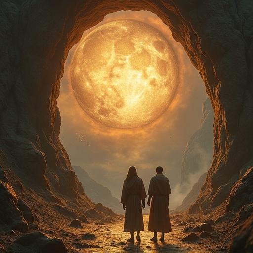 A breathtaking moment depicting the moment Adam was created. Two figures stand in front of a massive glowing moon within a cave. The environment shows a mystical landscape with illuminating atmosphere. The figures are dressed in flowing robes, conveying a sense of historical or religious significance.