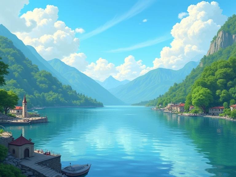 A picturesque view of Lake Geneva seen from Chexbres. A vibrant serene lake surrounded by lush hills and mountains. Cartoon-style illustration with blue skies and soft clouds. Charming village details along the water's edge.