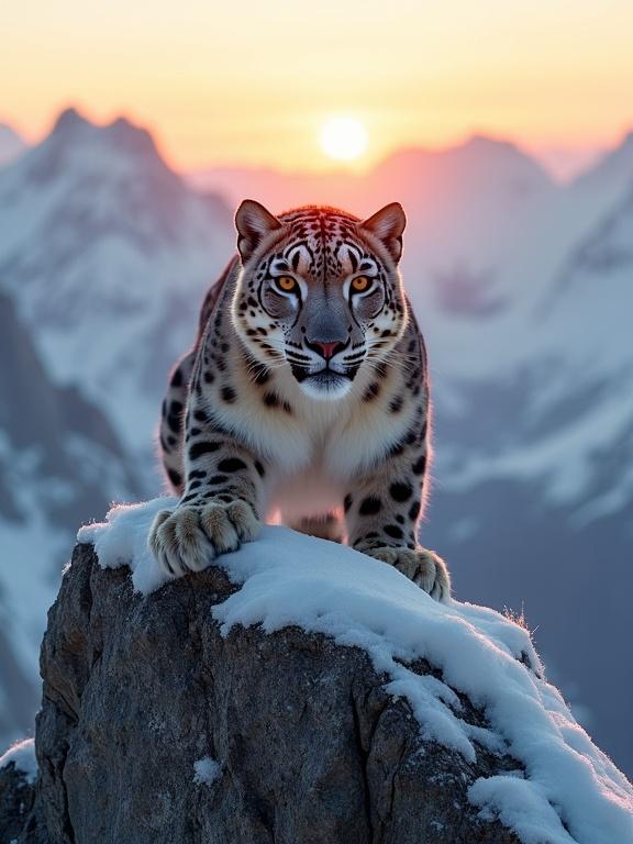 A majestic snow leopard crouches on a rocky outcrop. Its gaze is intense. The background is a high-altitude mountain range. The scene captures golden hour light. The composition uses the rule of thirds. The snow leopard's fur texture is ultra-fine. The focus is sharp on its eyes. The rocks and snow details are intricate.