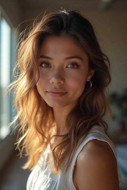 A woman with wavy hair looking away from the camera. The hair appears wet and shiny. The lighting is soft and natural. The background is blurred and serene. The model wears a light-colored tank top. Hair flows loosely over shoulders. Image captures warmth and elegance.