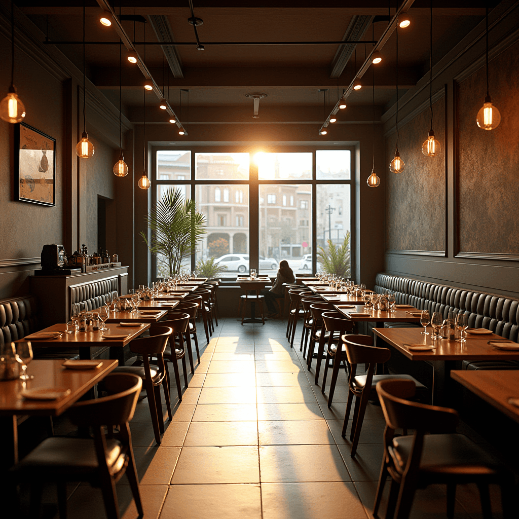 A cozy bistro with warm lighting features a row of tables and a large window showing city buildings in the sunset.