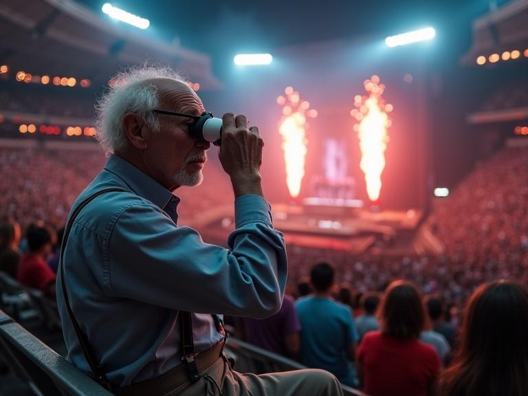 An old man sits in a stadium bleacher at a concert. He is slightly hunched with a large nose, balding head, white tufts of hair, and a scruffy beard. He wears an old-fashioned button-up shirt with suspenders and high-waisted pants. His expression is dull and unimpressed. He holds elegant white opera binoculars while a Metallica concert stage explodes with lights and pyrotechnics.