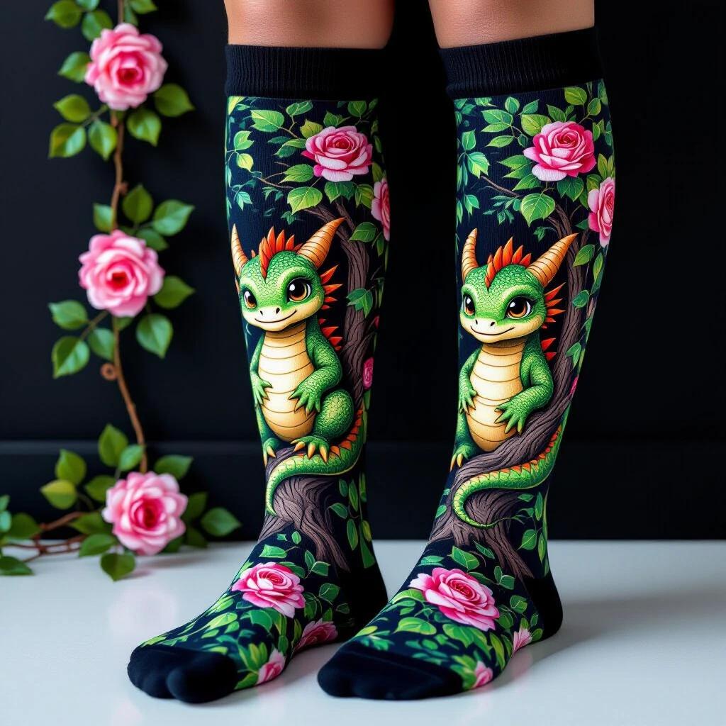 Close-up of thigh-high socks featuring an adorable baby dragon hiding behind a tree. Dragon surrounded by ivy and roses. Socks designed with vibrant colors and high definition. Background is black to enhance the design.