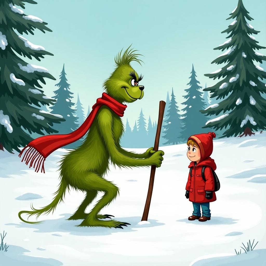 Grinch interacts with a child in a snowy landscape. Grinch wears a red scarf and stands with a stick. Child wears a red coat. Background features snow-covered hills and evergreen trees.