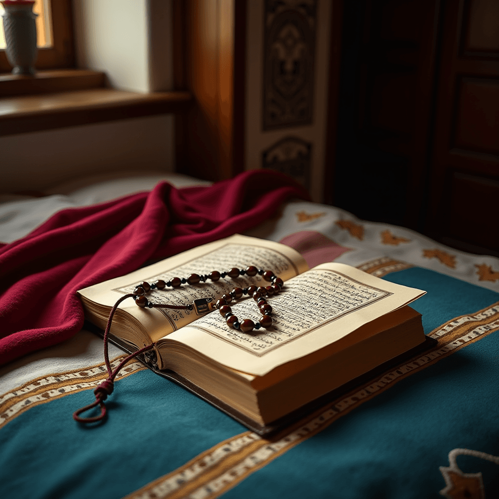 An open Quran with prayer beads resting on it, placed on a colorful cloth in a peaceful room.