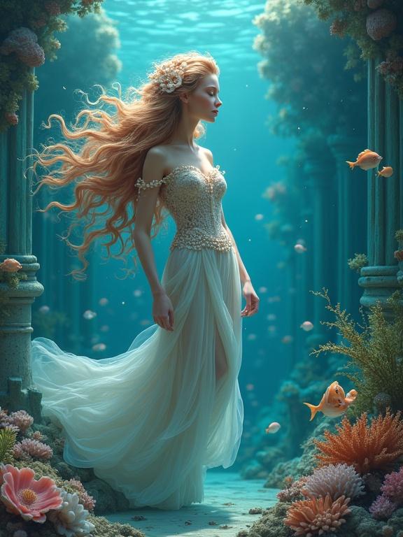 Princess with wavy hair floats in underwater palace. She has coral and pearls in hair. Surrounded by colorful fish and bioluminescent algae. Gown flows in gentle water currents.