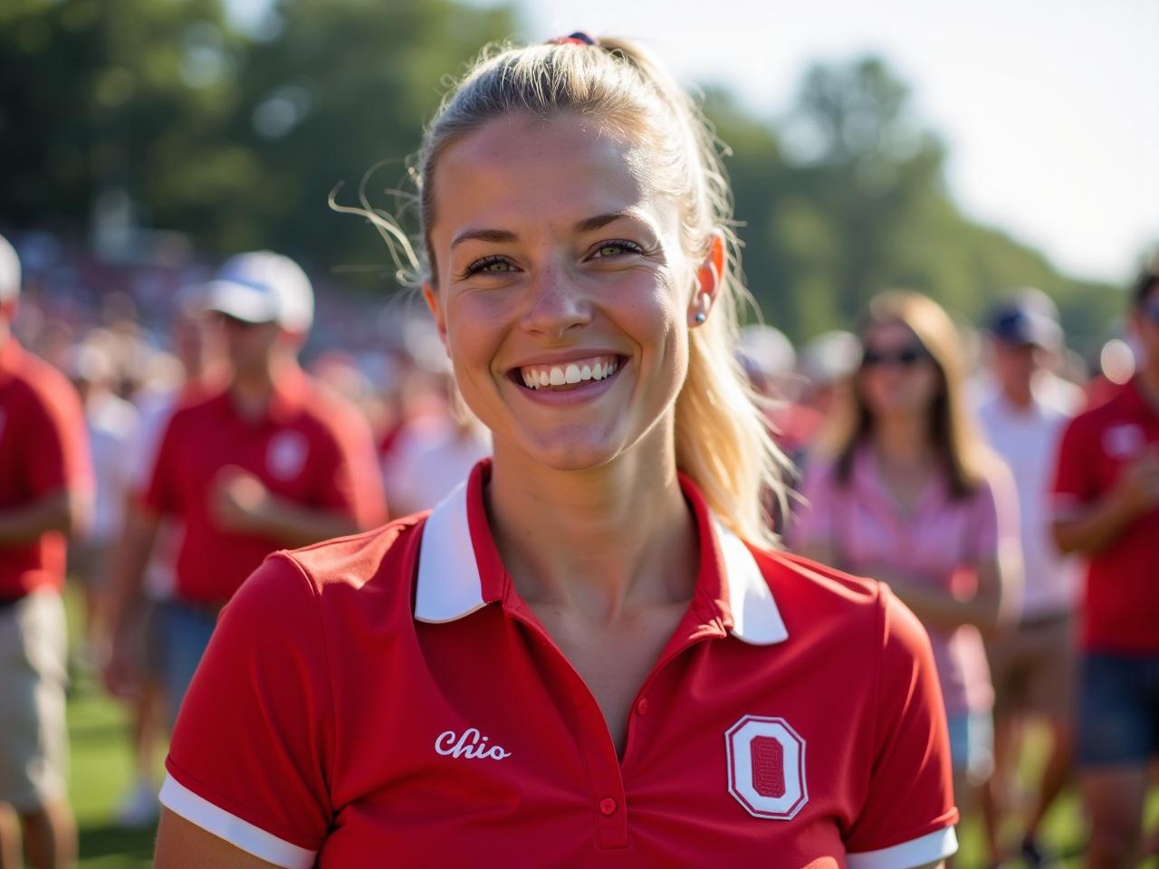 The image features a woman smiling happily in a lively outdoor setting, likely during a sports event. She is wearing a stylish red polo shirt with a white collar, and the word 'Ohio' is embroidered on it. Her hair is pulled back into a high ponytail, adding to her cheerful appearance. In the background, a crowd of people can be seen, all dressed in casual summer attire, some in matching colors, which suggests a festive atmosphere. The sun is shining brightly, indicating a beautiful day, perfect for an outdoor gathering or sporting event.