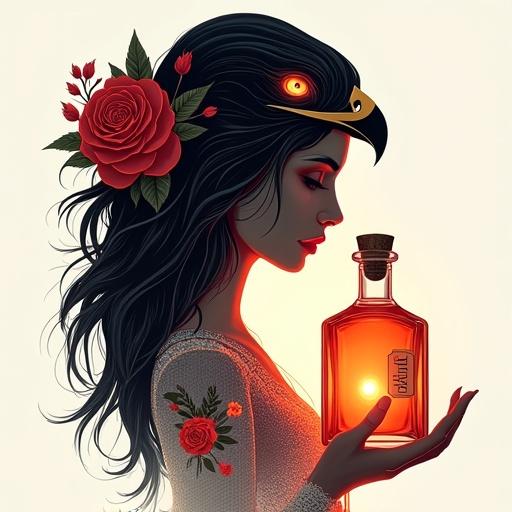 A conceptual artwork displays a stunning silhouette of a Hispanic woman with long hair alongside a falcon. A rose adorns the woman's hair. She holds an apothecary bottle labeled 'ALFRUNO' emitting a reddish glow. The design features clear forms and brushstrokes against a white background. Floral patterns embellish her attire, adding to the elegance of the piece.