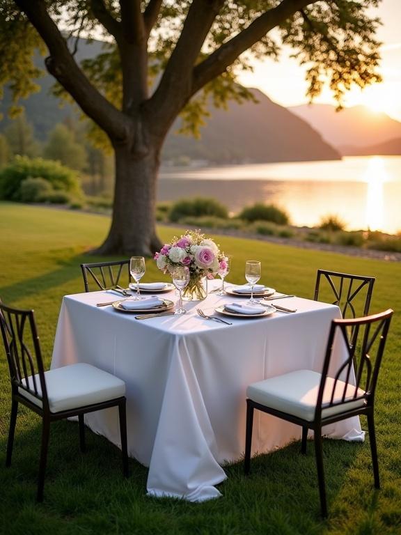 Outdoor dining setup with a square table. Four chairs surround the table. White tablecloth drapes over edges. Dark table material, likely wood or metal. Centerpiece with pink and white flowers. Formal meal setup with plates, napkins, and glassware. Located on green lawn by a lake. Large tree, mountains, and sunset provide backdrop. Suggests romantic occasion.