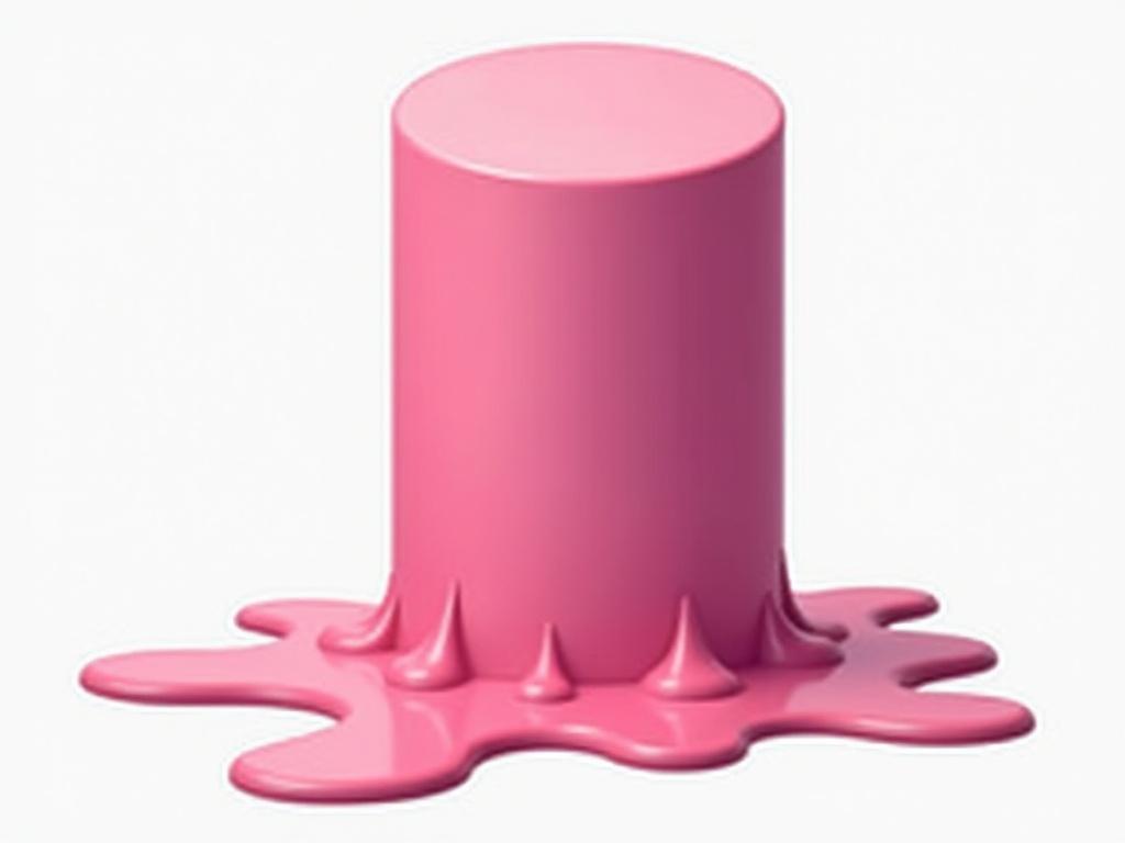 A pink cylinder appears to be melting. The cylinder has a glossy finish. A pool of pink substance forms at the bottom. The overall look is smooth and playful.
