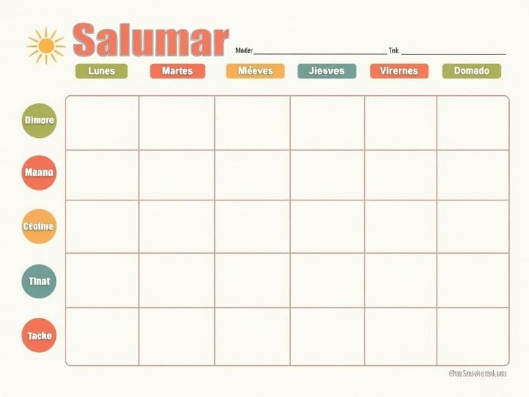 Horizontal visual weekly board for individuals with Autism Spectrum Disorder. Header with days of the week. Left column with three horizontal sections: Morning, Afternoon, Evening. Grid cells for pictograms. Soft colors, clear contrast, legible typography, structured design, no visual saturation.