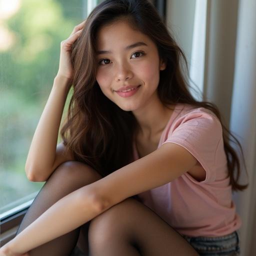 Close-up shot of a young woman with long wavy brown hair. She wears a light pink low-cut short-sleeved top. She has dark denim shorts. Sitting with legs crossed, sheer dark tights on. Left hand rests on right arm. Looking directly at the camera, soft smiling expression. Background blurred, showing a window, greenery outside. Soft natural lighting.