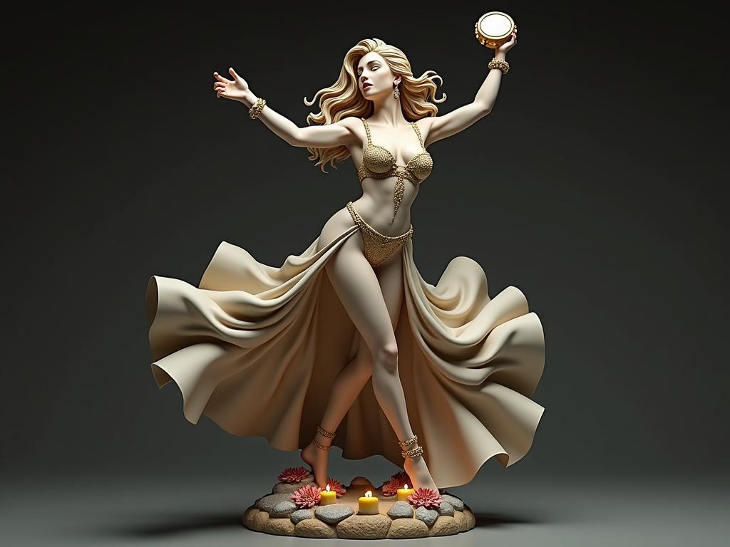 Ultra-detailed resin statue of a sensual dancer inspired by Esmeralda. One leg stretched to the side. Skirt swirling revealing thigh. Torso slightly turned. One hand holds tambourine. Other hand curves elegantly. Long hair flows with movement. Wears tight corset with gold embroidery. Semi-transparent skirt open at sides. Decorated with golden jewels. Enigmatic smile. Base simulates ancient stones with candles and flowers. Glossy texture and professional photographic finish.