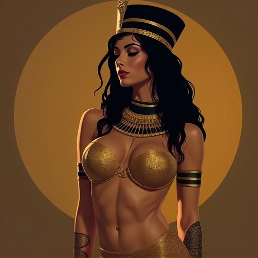 Image of an athletic Egyptian woman in golden attire and jewelry, with big features and symbolic elements.