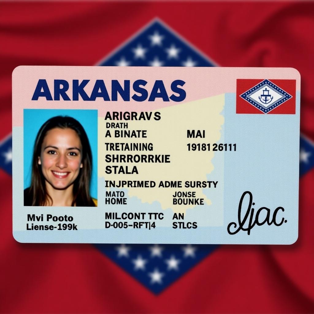 Image shows an Arkansas state driver's license. License features personal details, photo, and state emblem. Background consists of the Arkansas flag.