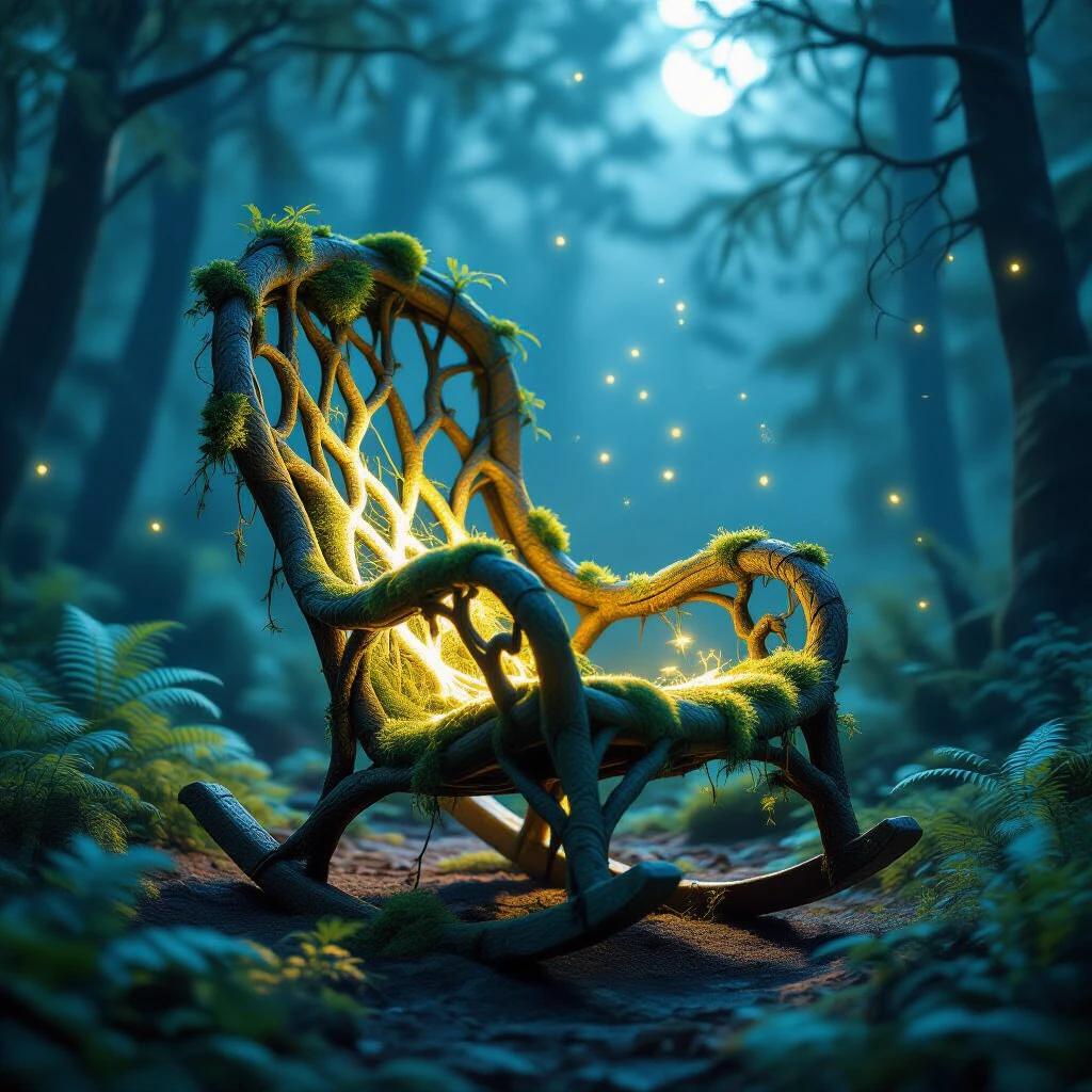 Photorealistic scene of a living rocking chair grown from bioluminescent tree roots. Chair sculpted from intertwined roots and vines in a moonlit forest. Surface alive with moss, lichen, and glowing veins. Surrounded by tall ferns and floating fireflies. Ethereal atmosphere with detailed textures.