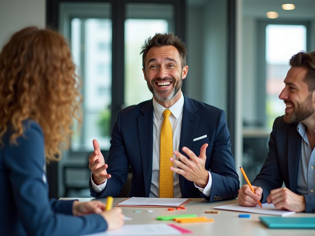 In a creative brand meeting, a confident individual is discussing ideas with two other people seated around a modern conference table. The main speaker, dressed in a sharp navy suit with a yellow polka dot tie, is smiling while passionately presenting their thoughts. The background features a stylish office environment with large windows letting in natural light. The other two participants, engaged and taking notes, are leaning in to listen intently. Bright colors and a few creative materials are scattered across the table, adding a lively atmosphere to the discussion.