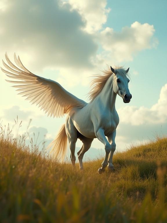 A hyper-detailed wide shot of a Pegasus galloping toward the center from a distant hill. Open fields of emerald grass surround it. The Pegasus has feathery wings. It launches into a cloud-filled sky. Shot in photorealism with warm sunlight and panoramic 8K detail.