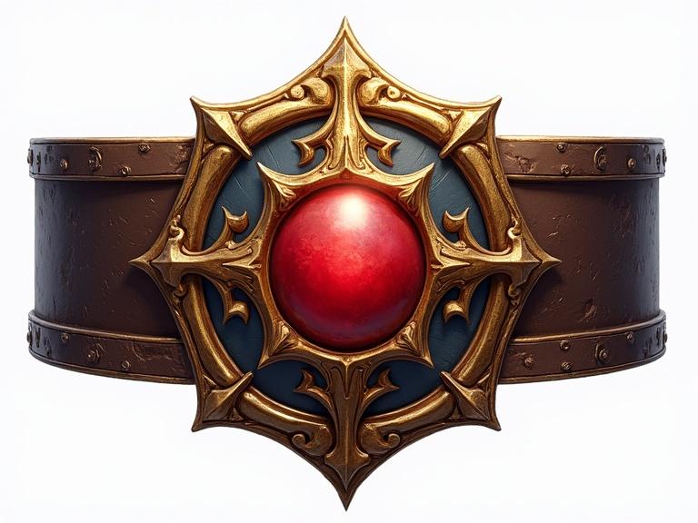 Master belt with ornate design. Featured a large red gem at the center. Styled for epic fantasy games. Realistic illustration with no background.
