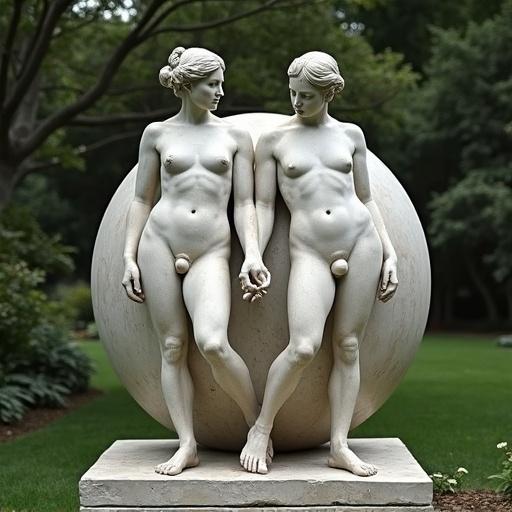 Plato's story of spherical humans shown as marble sculpture in a mythical garden. Figures of a woman and male man stand back to back within a common sphere. They touch each other with arms and legs.