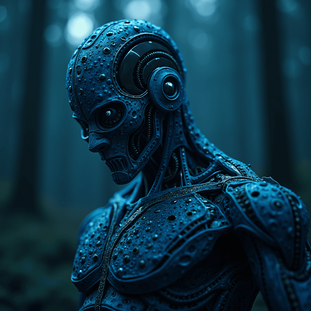 A detailed, blue-tinted cyborg with exposed mechanical components stands in a misty forest.