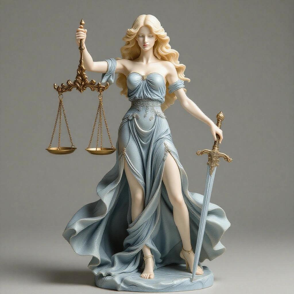Hyper-stylized female resin figure inspired by Libra. Ethereal goddess of justice in elegant pose. Serene yet powerful expression. Long flowing dress in cool silvery tones. Holds ornate scales in one hand and decorative sword in the other. Embodiment of balance and grace.