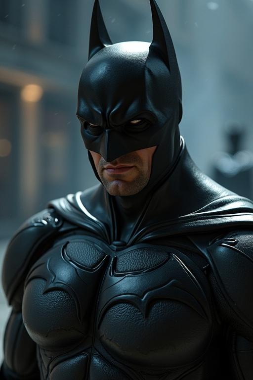 Close-up of a superhero in a black suit with pronounced jawline. Emphasizes strength and determination.