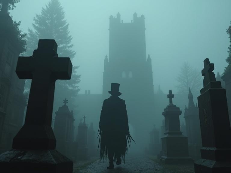 A tall shadowy figure wears a top hat and has razored fingers. It emerges from thick fog in Greyfriars Kirkyard. Surrounding are gravestones that appear to be cracking. The atmosphere is intensely cinematic and horror-themed. The view is distant with a far perspective.